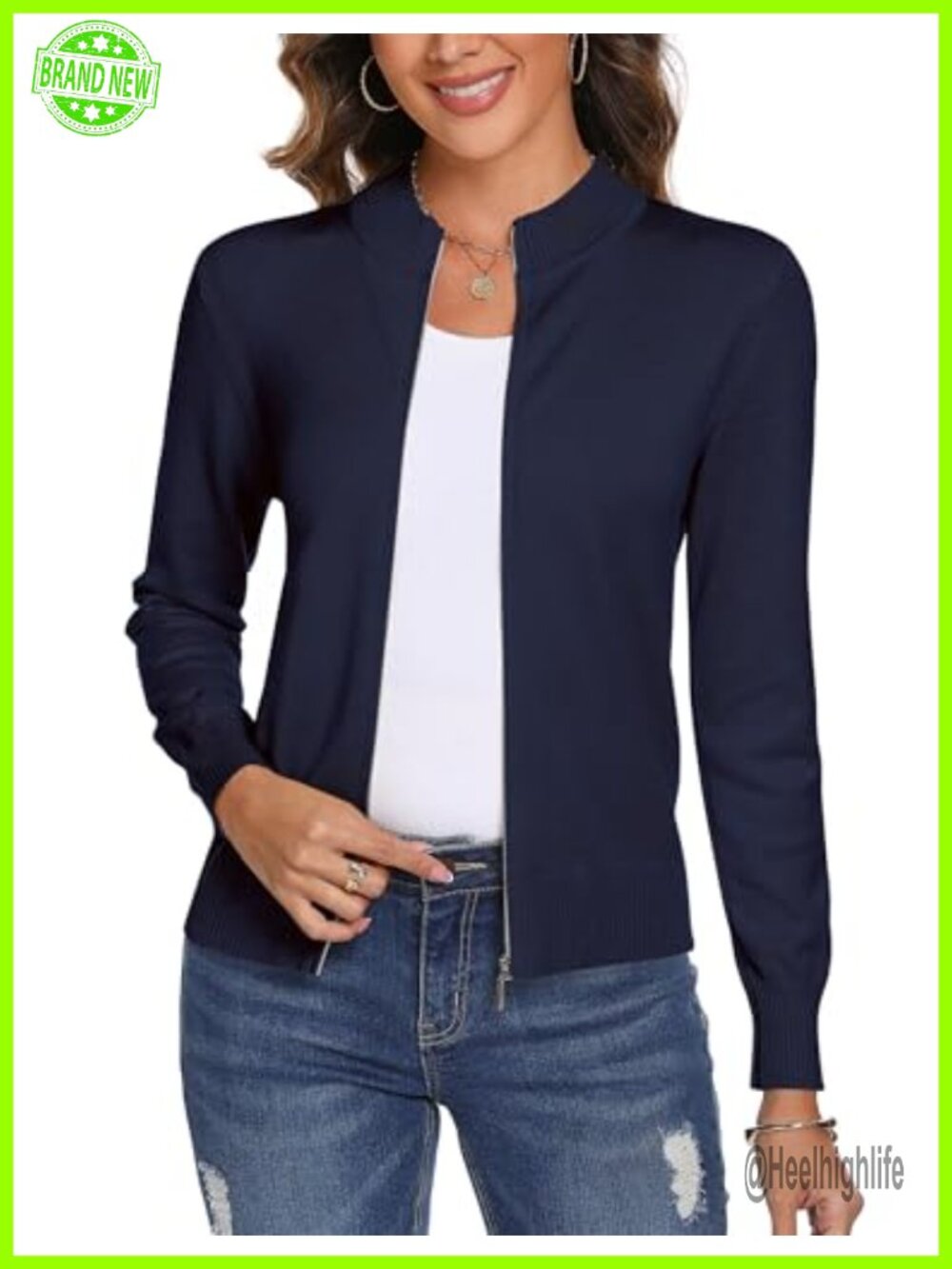 Womens Knitted Zip Up Sweater Cardigan Cotton Polyester Lightweight Crewneck